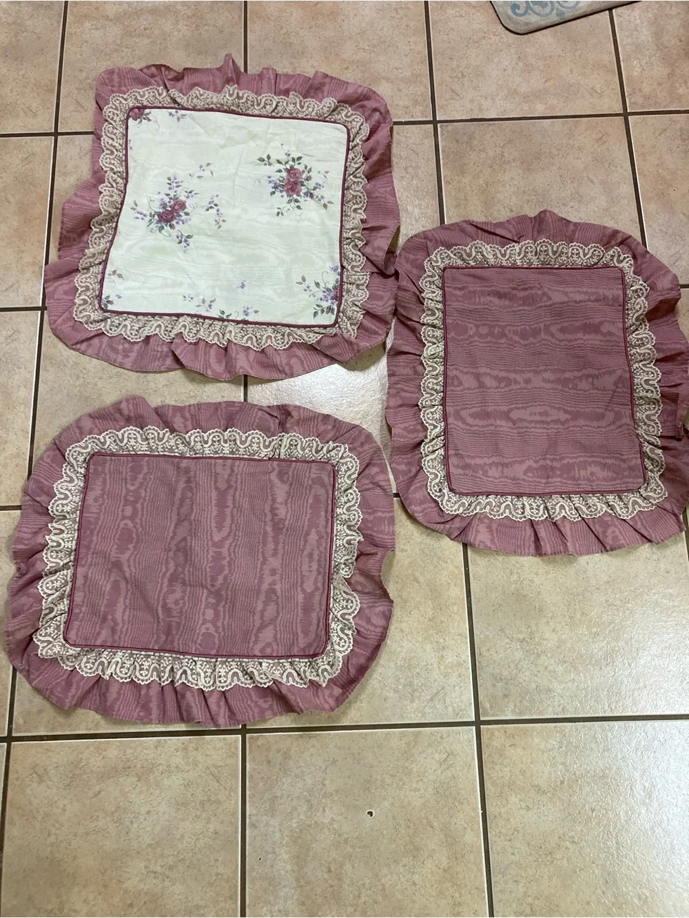 Vintage-Style Rose Mauve Decorative Pillow Covers with Lace Trim